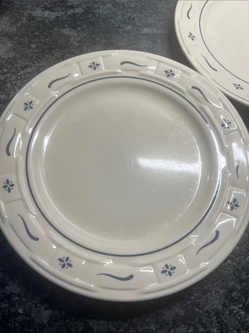 LONGABERGER WOVEN TRADITIONS ceramic Dinner plates 10”. Blue trim.